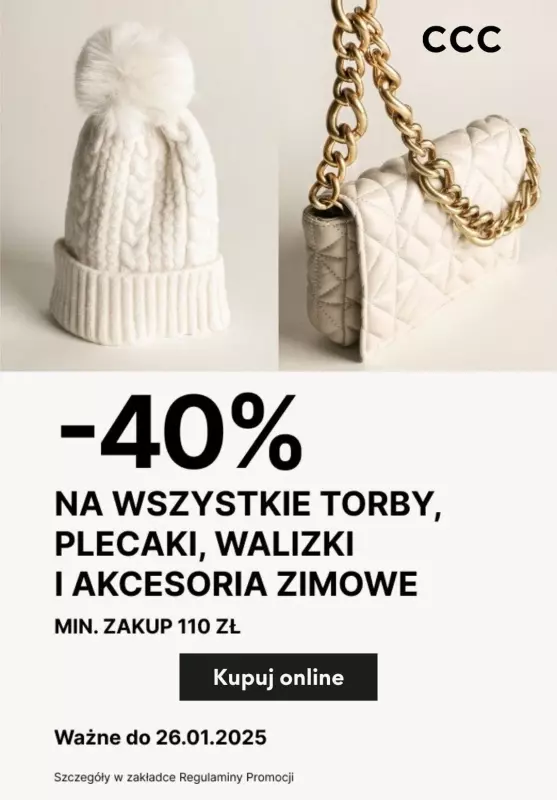 CCC - gazetka promocyjna -40% na wszystkie torby, plecaki, walizki i akcesoria zimowe od poniedziałku 30.12 do niedzieli 26.01