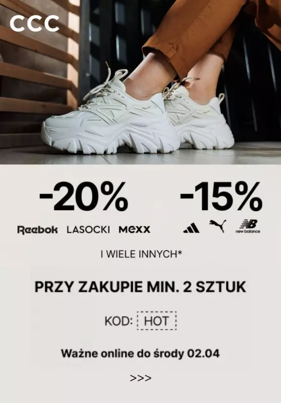 CCC - gazetka promocyjna Do -20% z KODEM przy zakupie min. 2 sztuk od czwartku 20.03 do środy 02.04