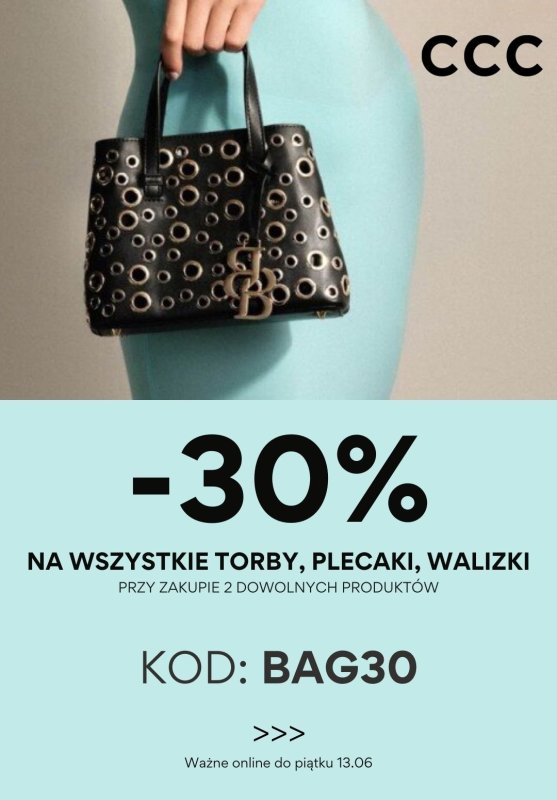 CCC - gazetka promocyjna -30% z KODEM na wszystkie torby, plecaki i walizki od wtorku 06.05 do wtorku 13.05
