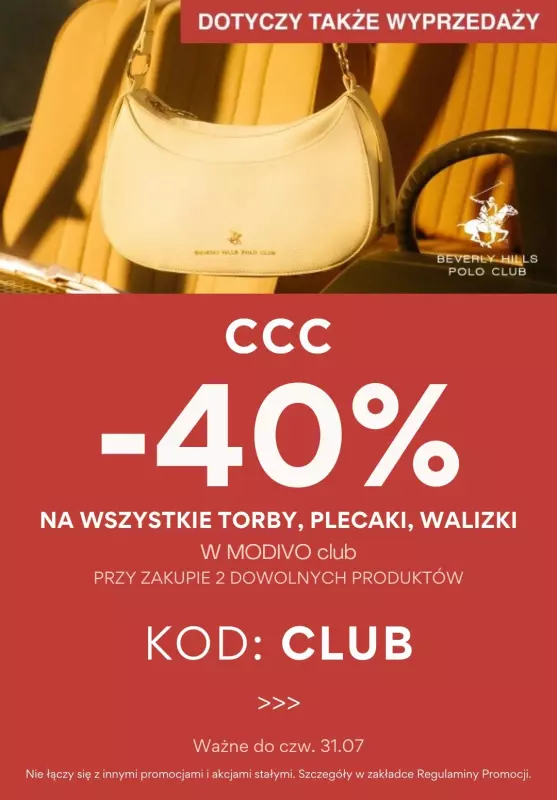 CCC - gazetka promocyjna -40% z KODEM na wszystkie torby, plecaki i walizki w MODIVOclub od środy 25.06 do czwartku 31.07