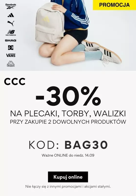 CCC - gazetka promocyjna -30% z KODEM na wszystkie torby, plecaki i walizki od wtorku 02.09 do niedzieli 14.09