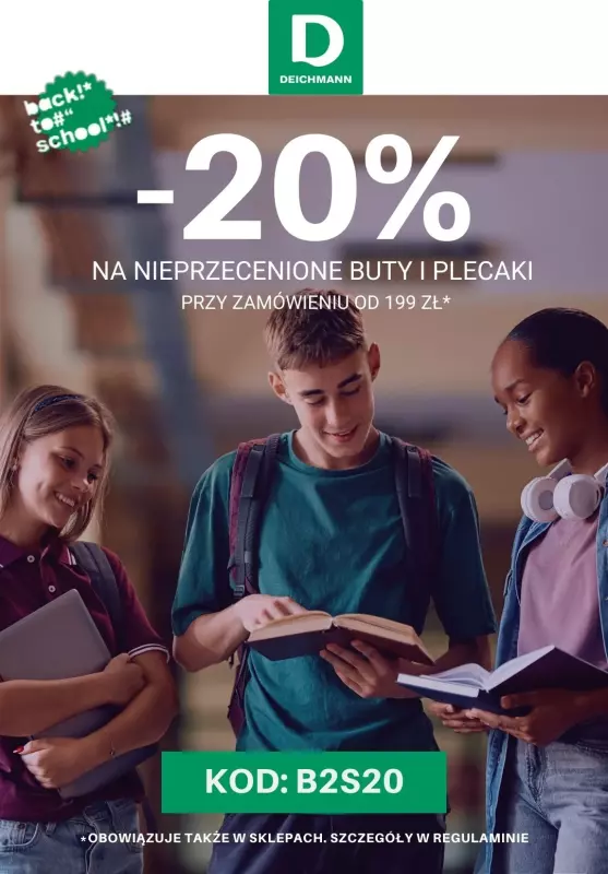 Deichmann - gazetka promocyjna -20% z KODEM na nieprzecenione buty i plecaki wybranych marek od poniedziałku 02.09 