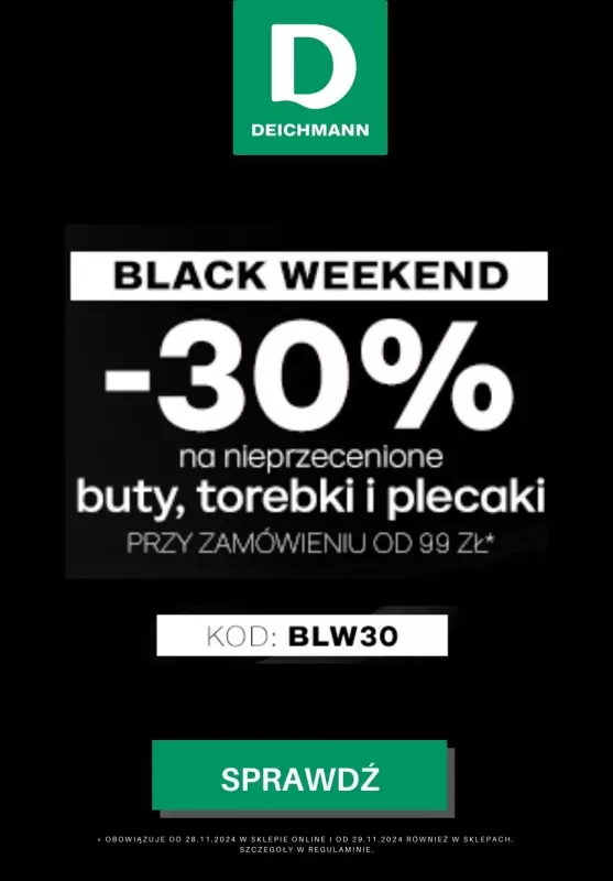 Deichmann - gazetka promocyjna -30% na nieprzecenione buty, torebki i plecaki od czwartku 28.11 