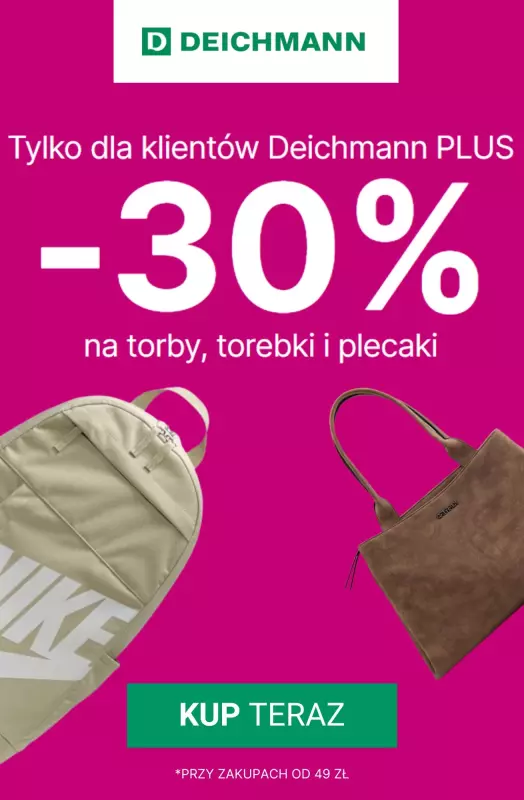 Deichmann - gazetka promocyjna -30% na plecaki, torby i torebki od środy 20.08 do niedzieli 24.08