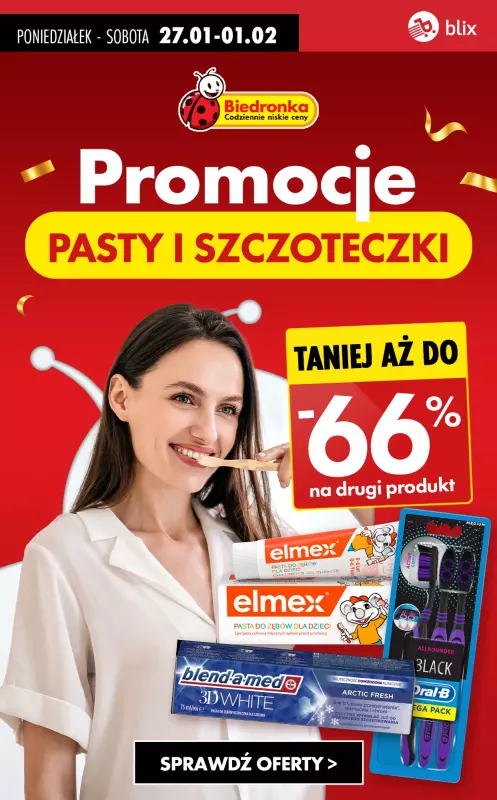 Biedronka - gazetka promocyjna Pasty do zębów i szczoteczki do -66% TANIEJ od poniedziałku 27.01 do soboty 01.02