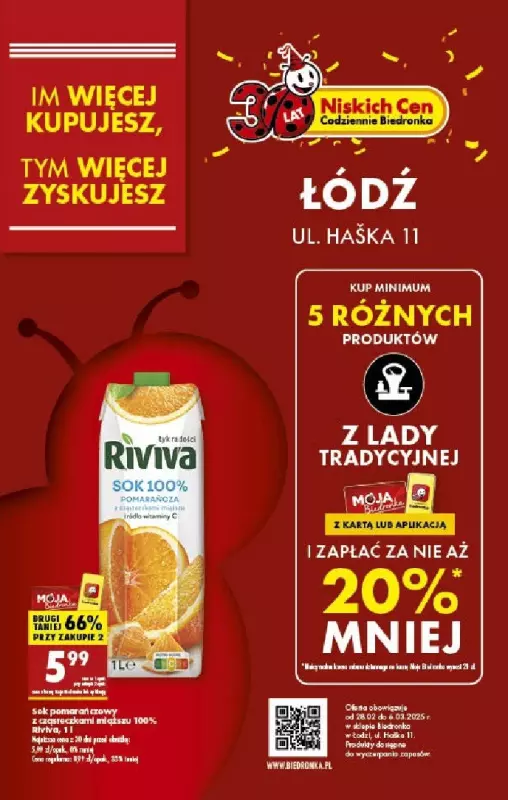 Biedronka - gazetka promocyjna LADA TRADYCYJNA 20% RABATU! ŁÓDŹ, ul. Haśka 11 od piątku 28.02 do czwartku 06.03