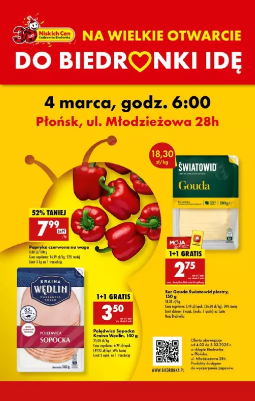 Biedronka - gazetka promocyjna WIELKIE OTWARCIE! PŁOŃSK, ul. Młodzieżowa 28h od wtorku 04.03 do soboty 08.03