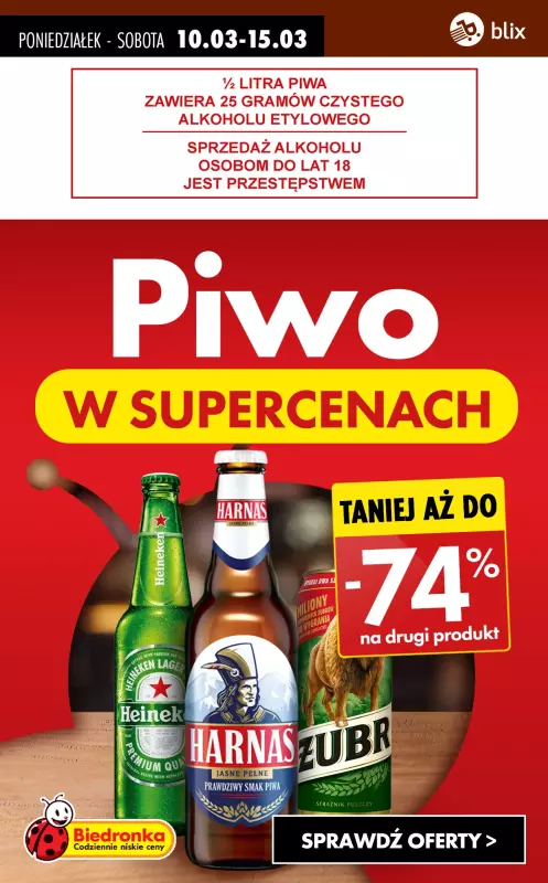 Biedronka - gazetka promocyjna Piwo W SUPERCENACH! od poniedziałku 10.03 do soboty 15.03