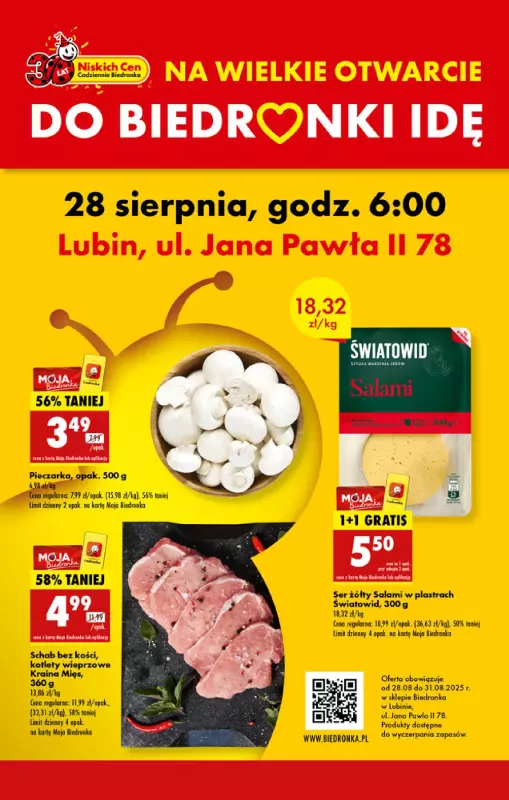 Biedronka - gazetka promocyjna BIEDRONKA WIELKIE OTWARCIE - LUBIN, ul. Jana Pawła II 78! od środy 27.08 do niedzieli 31.08