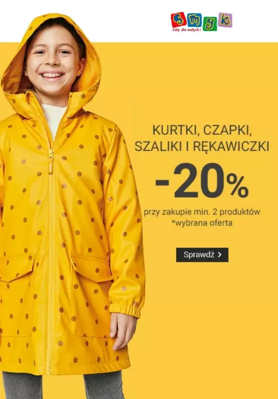 Smyk - gazetka promocyjna Kurtki, czapki, szaliki i rękawiczki: -20%, przy zakupie min. 2 od poniedziałku 14.10 do środy 16.10