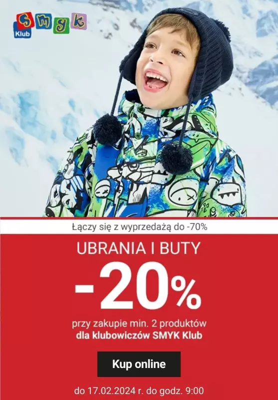 Smyk - gazetka promocyjna -20% extra do wyprzedaży przy zakupie 2 produktów od środy 12.02 do poniedziałku 17.02