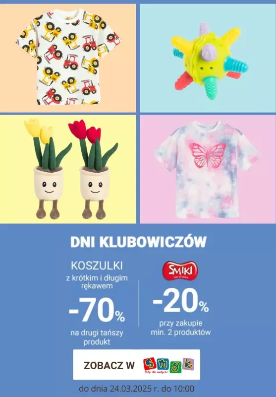 Smyk - gazetka promocyjna 70% rabatu na drugą koszulkę LUB 20% rabatu markę Smiki przy zakupie 2 od poniedziałku 17.03 do poniedziałku 24.03