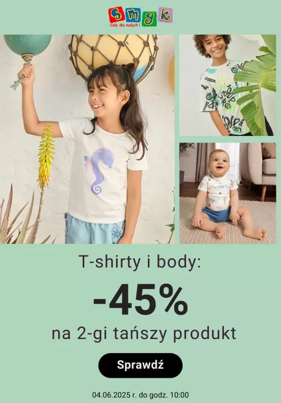 Smyk - gazetka promocyjna T-shirty i body: -45% na drugi tańszy produkt od poniedziałku 02.06 do środy 04.06