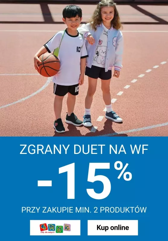 Smyk - gazetka promocyjna -15% odzież na WF od poniedziałku 18.08 do wtorku 19.08