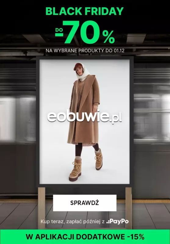 eobuwie.pl - gazetka promocyjna BLACK FRIDAY do -70%! W aplikacji EXTRA -15% na wybrane produkty od środy 27.11 do niedzieli 01.12