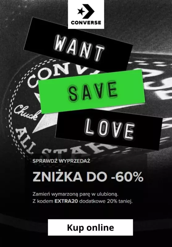 BEST SALE - gazetka promocyjna Converse | Wyprzedaż -20% zniżki z KODEM od czwartku 23.01 do niedzieli 02.02