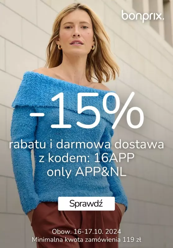 bonprix - gazetka promocyjna 15% rabatu i darmowa dostawa od środy 16.10 do czwartku 17.10