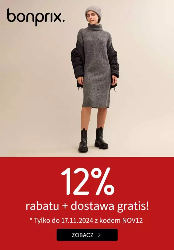 bonprix - gazetka promocyjna 12% rabatu z kodem +darmowa dostawa od czwartku 14.11 do niedzieli 17.11