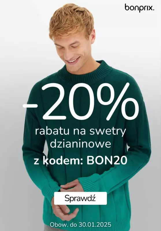 bonprix - gazetka promocyjna -20% rabatu na swetry męskie od środy 29.01 do czwartku 30.01