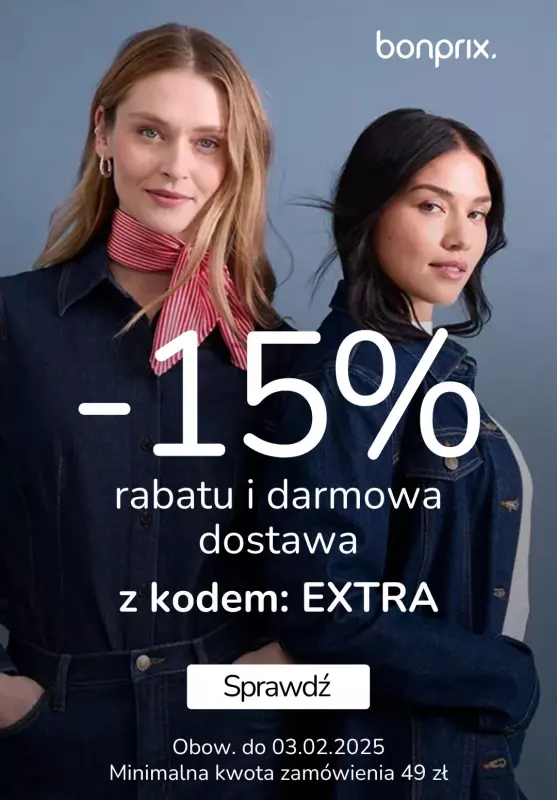 bonprix - gazetka promocyjna -15% dodatkowego rabatu i darmowa dostawa z kodem od piątku 31.01 do poniedziałku 03.02