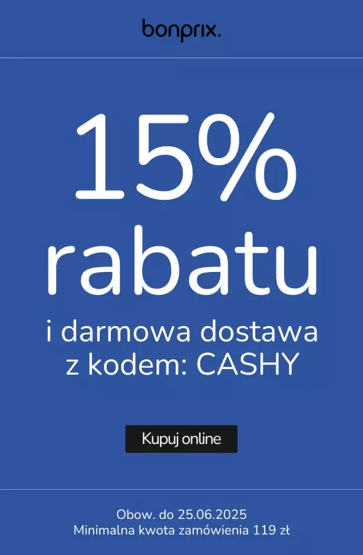 bonprix - gazetka promocyjna 15% rabatu i darmowa dostawa od poniedziałku 23.06 do środy 25.06