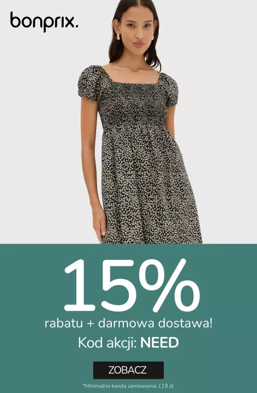 bonprix - gazetka promocyjna 15% rabatu na nowości i darmowa dostawa z kodem! od poniedziałku 14.07 do poniedziałku 14.07