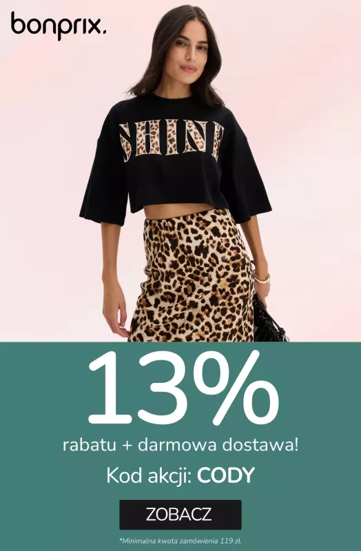 bonprix - gazetka promocyjna 13% rabatu na nowości i darmowa dostawa z kodem!  