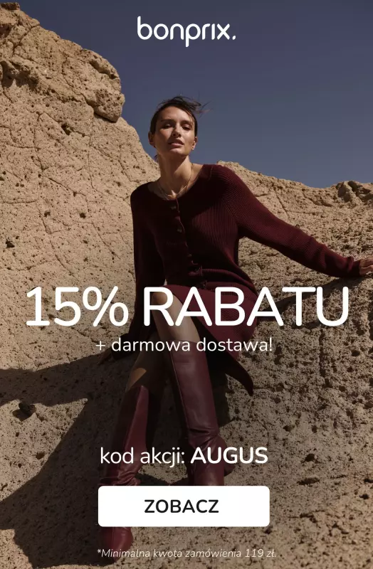 bonprix - gazetka promocyjna 15% rabatu + darmowa dostawa z KODEM! od środy 06.08 do czwartku 07.08
