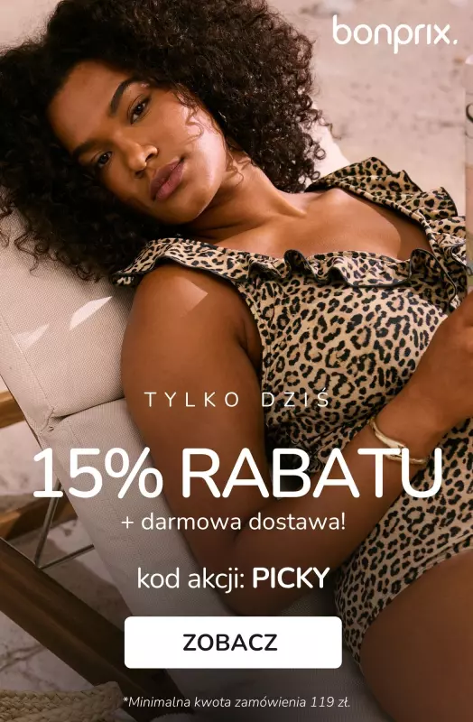 bonprix - gazetka promocyjna 15% rabatu + darmowa dostawa - tylko dziś! od czwartku 14.08 do czwartku 14.08