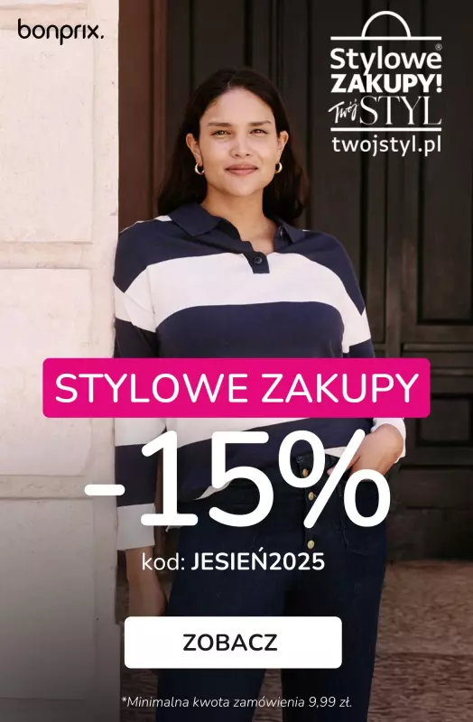 bonprix - gazetka promocyjna STYLOWE ZAKUPY! 15% rabatu przy zamówieniu za min. 9,99 zł od poniedziałku 29.09 do środy 01.10