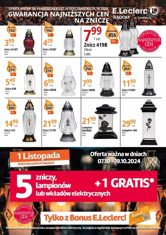 Leclerc - gazetka promocyjna Oferta Radom: Znicze od poniedziałku 07.10 do czwartku 31.10