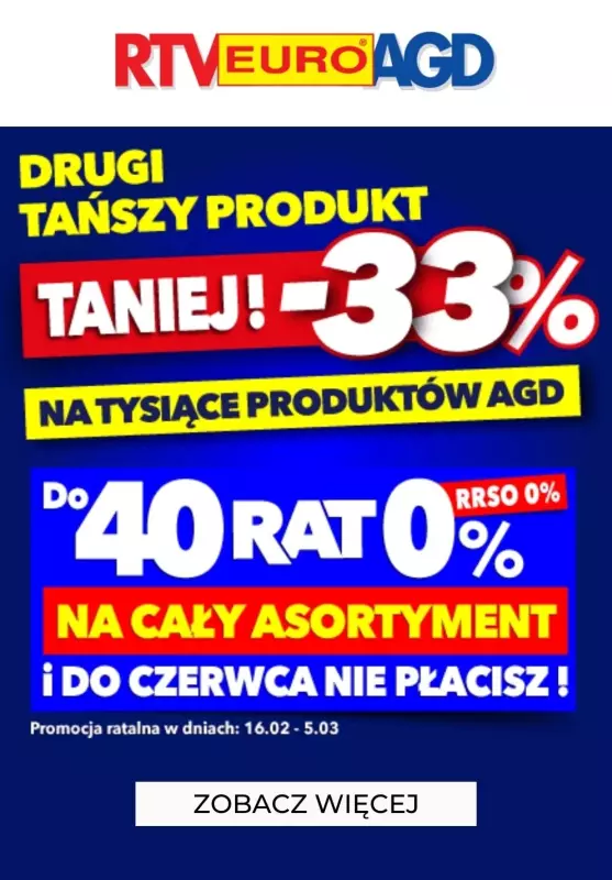 EURO RTV AGD - gazetka promocyjna -33% na drugi tańszy produkt z AGD od piątku 16.02 do poniedziałku 26.02