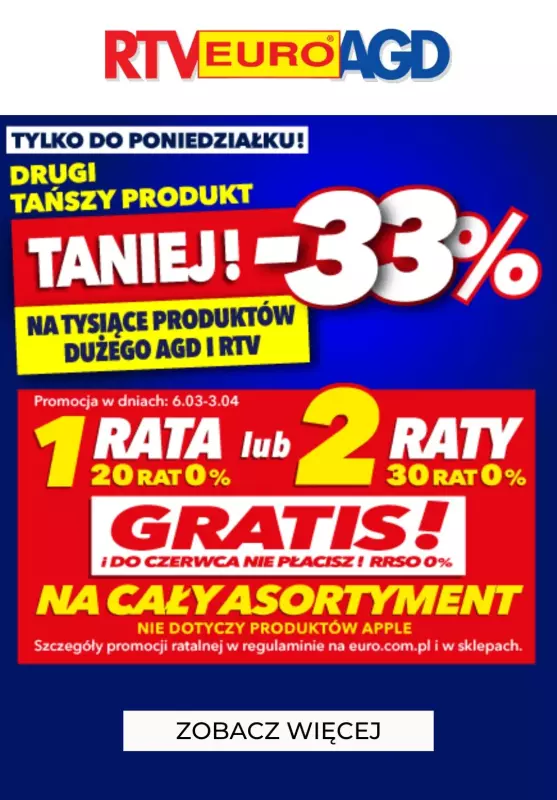 EURO RTV AGD - gazetka promocyjna -33% na drugi tańszy produkt z AGD i RTV od piątku 01.03 do poniedziałku 11.03