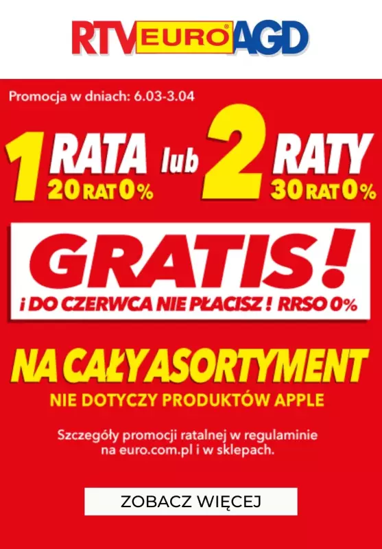 EURO RTV AGD - gazetka promocyjna GRATIS 1 rata lub 2 raty od soboty 09.03 do środy 03.04