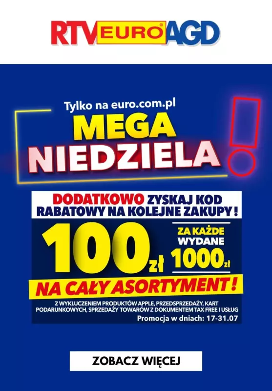 EURO RTV AGD - gazetka promocyjna Mega niedziela! od soboty 20.07 do niedzieli 21.07