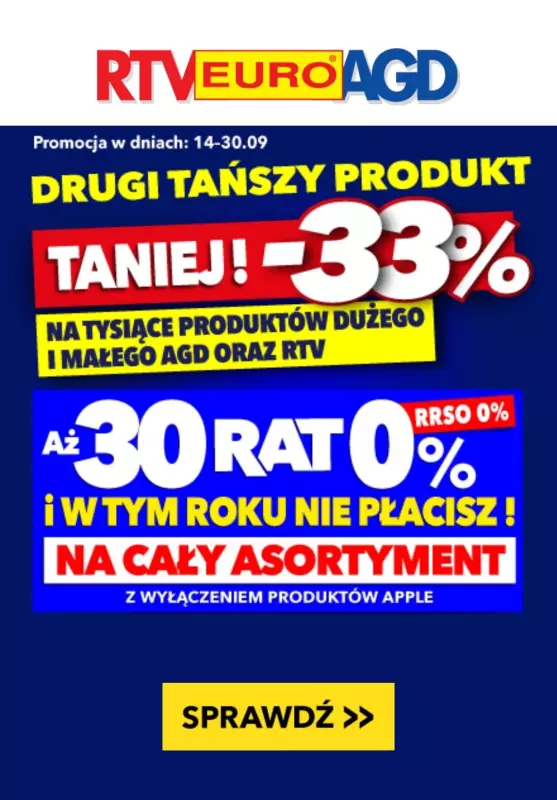 EURO RTV AGD - gazetka promocyjna -33% na drugi tańszy produkt AGD lub RTV od poniedziałku 16.09 do poniedziałku 30.09