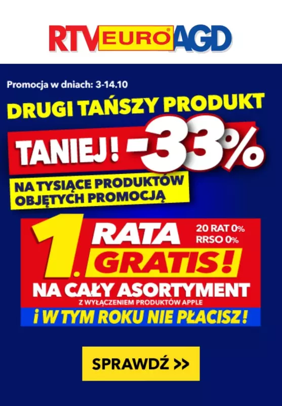 EURO RTV AGD - gazetka promocyjna -33% na drugi tańszy produkt AGD lub RTV od czwartku 03.10 do poniedziałku 14.10