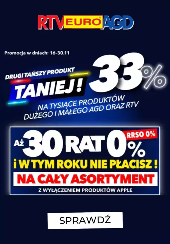 EURO RTV AGD - gazetka promocyjna -33% na drugi tańszy produkt AGD lub RTV od poniedziałku 18.11 do soboty 30.11