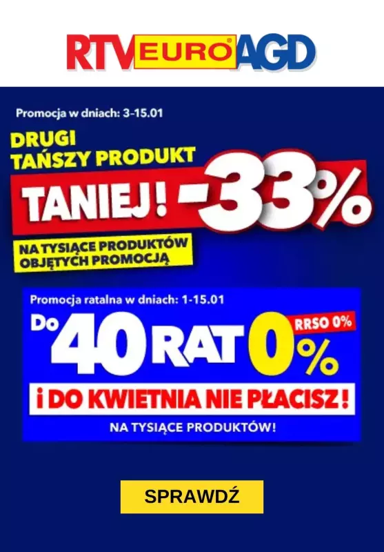 EURO RTV AGD - gazetka promocyjna -33% na drugi tańszy produkt AGD lub RTV od piątku 03.01 do środy 15.01