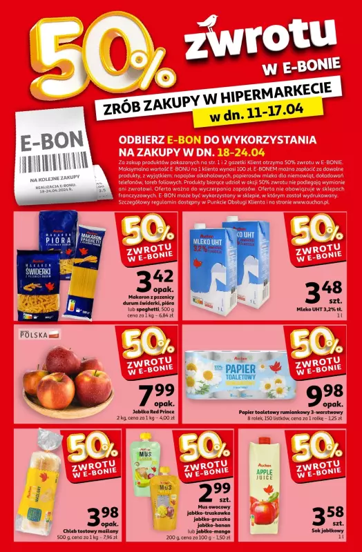 Auchan - gazetka promocyjna 50% zwrotu w e-bonie 11-17.04 Hipermarket od czwartku 11.04 do środy 17.04