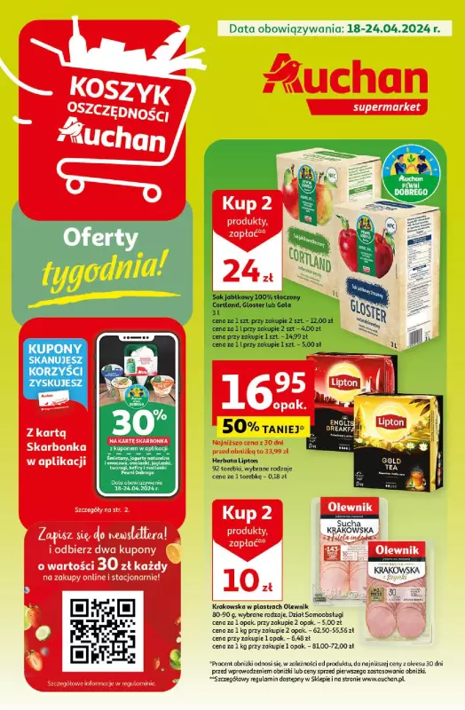Auchan - gazetka promocyjna Oferty tygodnia! Supermarket od czwartku 18.04 do środy 24.04