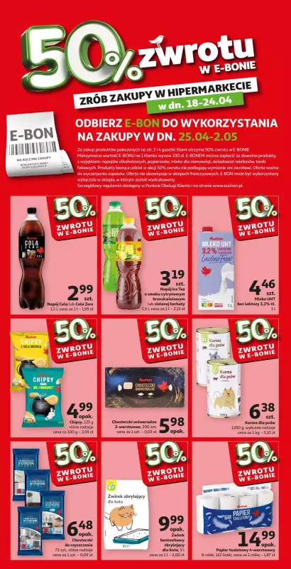 Auchan - gazetka promocyjna 50% zwrotu w e-bonie 18-24.04 od czwartku 18.04 do środy 24.04