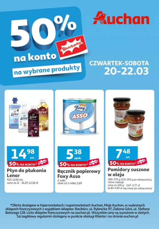 Auchan - gazetka promocyjna 50% na konto Skarbonka na wybrane produkty od piątku 21.03 do soboty 22.03