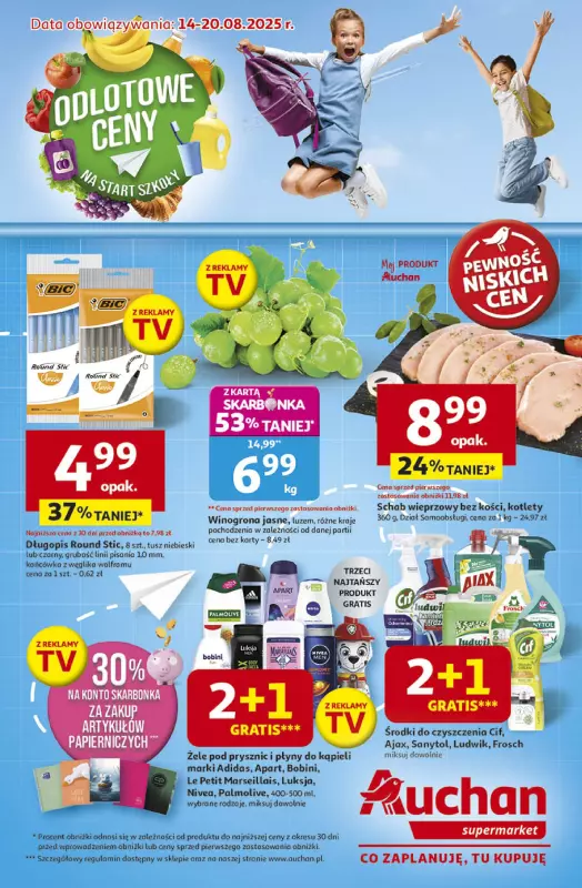 Auchan - gazetka promocyjna Odlotowe ceny na start szkoły Supermarket od czwartku 14.08 do środy 20.08
