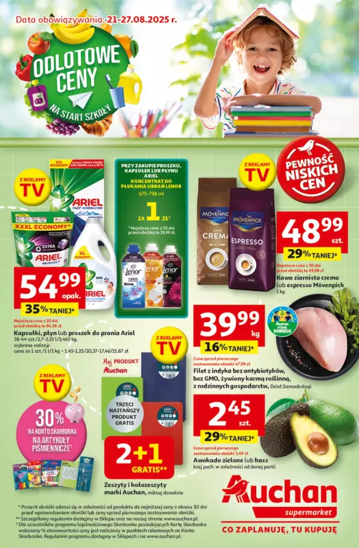 Auchan - gazetka promocyjna Gazetka Odlotowe ceny na start szkoły Supermarket Auchan od czwartku 21.08 do środy 27.08
