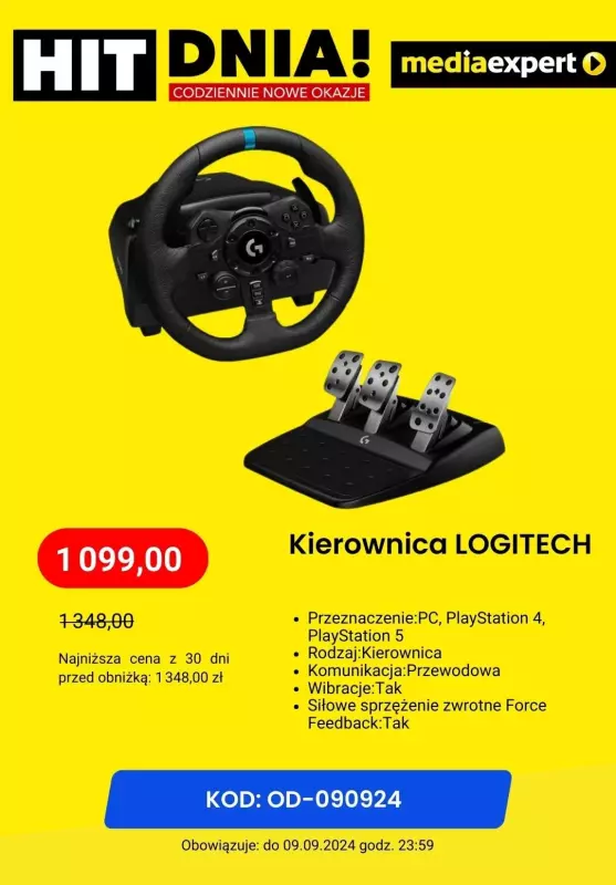 Media Expert - gazetka promocyjna HIT DNIA! Kierownica LOGITECH G923 za 1099 zł od poniedziałku 09.09 do poniedziałku 09.09