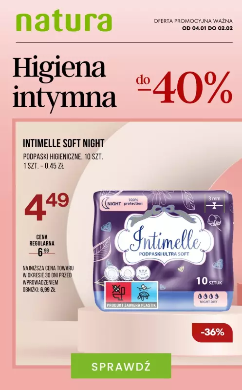 Drogerie Natura - gazetka promocyjna Do -40% higiena intymna od soboty 18.01 do niedzieli 02.02