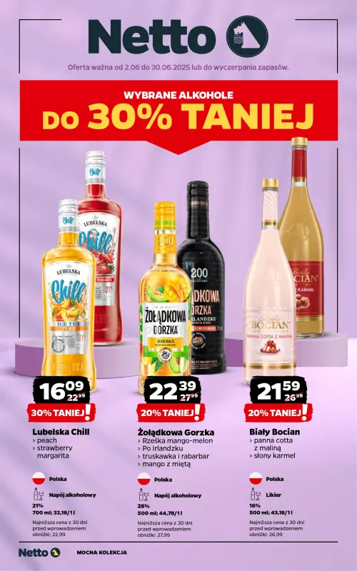 Netto - gazetka promocyjna Wybrane alkohole do 30% taniej od poniedziałku 16.06 do niedzieli 29.06