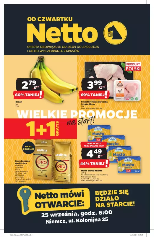 Netto - gazetka promocyjna Niemcz ul. Kolonijna 25. - otwarcie już w CZWARTEK 25.09 od czwartku 25.09 do soboty 27.09