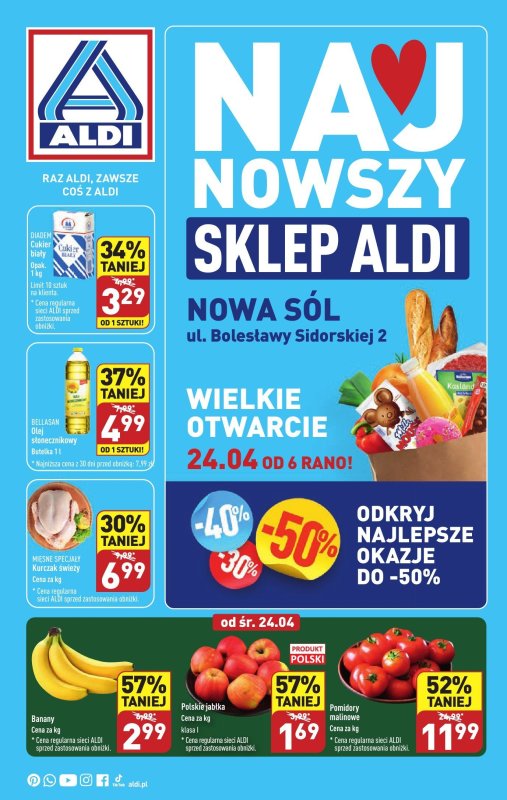 Aldi - gazetka promocyjna Nowa Sól: Wielkie otwarcie już w poniedziałek 22.04! od poniedziałku 22.04 do czwartku 25.04